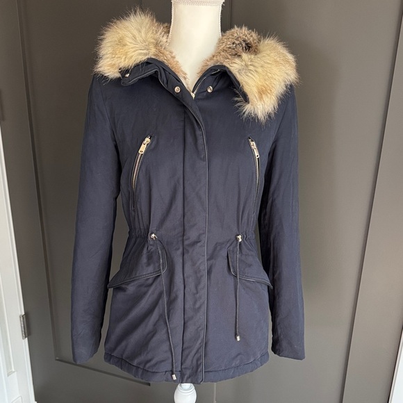 Zara Trafaluc Fur jacket Parka Navy Size XS - Picture 1 of 15